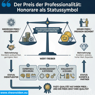 Infografik „Der Preis der Professionalität“: Eine Waage vergleicht niedrige Honorare (Status: austauschbarer Dienstleister) mit hohen Honoraren (Status: exklusiver Experte & Partner). Die Kernaussage lautet: Das Honorar kommuniziert den Wert, und der Preis spiegelt die Qualität wider. | theonolden.eu