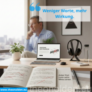 Nahaufnahme eines Schreibtisches, der das Thema Text-Reduktion visualisiert. Im Vordergrund liegt ein aufgeschlagenes Notizbuch mit rot durchgestrichenen Textpassagen, neben dem Text-Overlay „Jedes Wort muss seine Miete zahlen“. Ein Laptop zeigt den Titel „ANATOMIE DER PRÄZISION“. Im unscharfen Hintergrund sitzt ein nachdenklicher Mann mit Brille und hellblauem Hemd an einem Fenster.