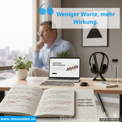 Nahaufnahme eines Schreibtisches, der das Thema Text-Reduktion visualisiert. Im Vordergrund liegt ein aufgeschlagenes Notizbuch mit rot durchgestrichenen Textpassagen, neben dem Text-Overlay „Jedes Wort muss seine Miete zahlen“. Ein Laptop zeigt den Titel „ANATOMIE DER PRÄZISION“. Im unscharfen Hintergrund sitzt ein nachdenklicher Mann mit Brille und hellblauem Hemd an einem Fenster.