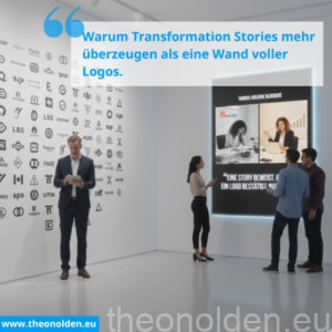 Moderner Galerieraum: Links eine Wand mit vielen kleinen Firmenlogos, rechts ein großer Leuchtkasten mit einer „Vorher-Nachher“-Erfolgsgeschichte und dem Text: „Eine Story beweist. Ein Logo bestätigt nur.“ Personen betrachten den Kontrast zwischen abstrakten Logos und konkreter Transformation.