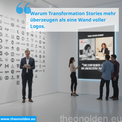 Moderner Galerieraum: Links eine Wand mit vielen kleinen Firmenlogos, rechts ein großer Leuchtkasten mit einer „Vorher-Nachher“-Erfolgsgeschichte und dem Text: „Eine Story beweist. Ein Logo bestätigt nur.“ Personen betrachten den Kontrast zwischen abstrakten Logos und konkreter Transformation.